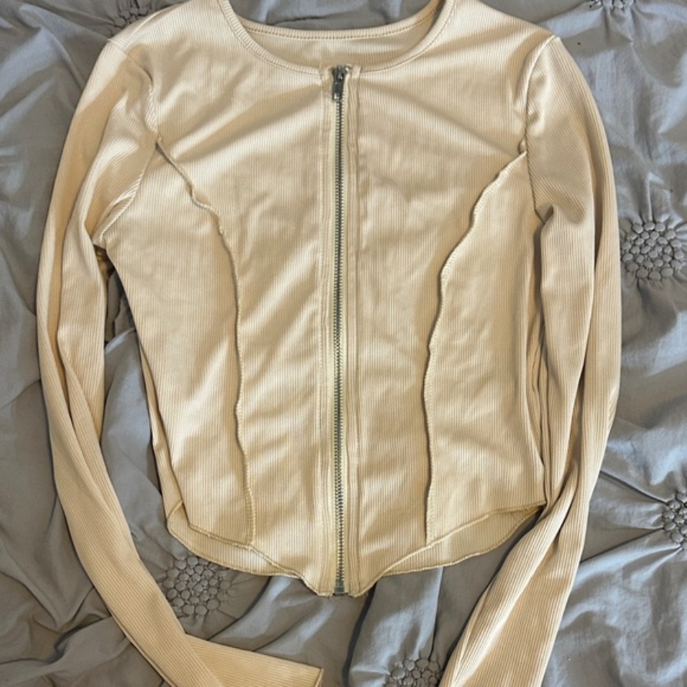 Beige Ribbed Zip-Up Long Sleeve Top
